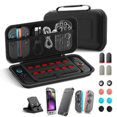 Switch2対応 ケース Sungale 保護カバー 収納ケース+ガラス保護フィルム+スティックキャップ8枚+Switch2分体式カバー TPU&PC材質+スタンド+指サック ゲーム用 大容量 収納バッグ 12ゲームカードスロット 耐衝撃 防塵 防水 全★m
