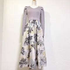 JILL by JILLSTUART 22AW フロッキーフラワーワンピース リブニット×花柄フレアスカート セットアップ風ドッキングワンピース ミモレ丈 フィット&フレアシルエット グレー×ホワイト系 M