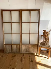 アンティーク 2枚セット 木製 ガラス戸 ディスプレイ  古建具 曇りガラス すりガラス
