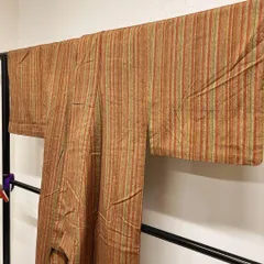 小紋　正絹　紬　単衣　縦縞　ブラウンカラー　着物　072tz