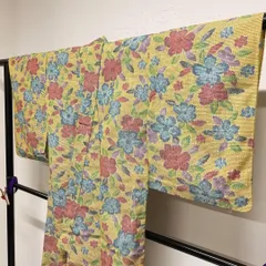 小紋　ウール　単衣　バチ襟　花模様　カラフル　着物　071tz