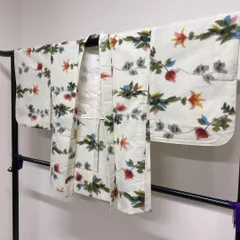 羽織　ウール　花模様　リーフ模様　カラフル　ペールグリーン　着物　063t