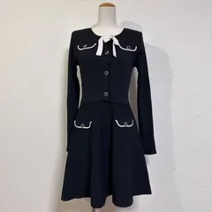 美品 JILL by JILLSTUART 配色リブニットセットアップ リボン付きショート丈カーディガン×ノースリーブフレアミニワンピース ブラック FREE