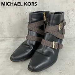 MICHAEL KORS KARA マイケルコース ショートブーツ 7.5M 約24.5cm MKシグネチャー ロゴ ゴールド金具 バックル ベルト ブラック ブラウン 黒 茶 ヒール ブーティ ポインテッドトゥ ジップアップ 上品 高級感 ★ ◆■