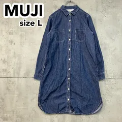 無印良品 MUJI ムジ デニムシャツワンピース L 濃紺 インディゴブルー コットン100% 綿 長袖 膝丈 ロングシャツ 羽織り 前開き 胸ポケット シンプル 定番 カジュアル レディース ゆったり 大きめ スリット ★ ■◇