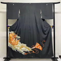 黒留袖　アンティーク　正絹　五つ紋　金駒刺繍　鳳凰　舟　松　流水　着物　062t