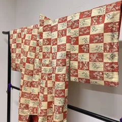 小紋　正絹　金通し　市松模様　花模様　リーフ模様　波地紋　着物　062t