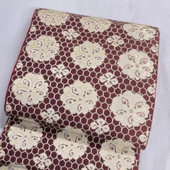 京袋帯　正絹　花紋　花模様　亀甲模様　ブラウンカラー　着物　061t