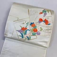 袋帯　正絹　刺繍　金駒刺繍　鳥　菖蒲　菊花　椿　藤　流水　色紙　着物　054t