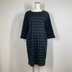【ジェイフェリー】ワンピース　ニット　Jフェリー　黒　40　L　チェック　丸首　クルーネック ひざ丈　ミニ丈　七分袖　ストレッチ