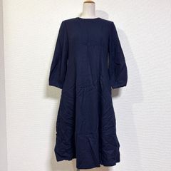 S Max Mara マックスマーラ 七分袖フレアロングワンピース 紺 42 L