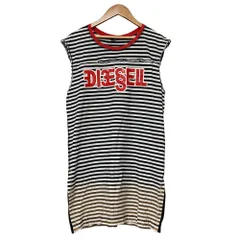 美品 DIESEL ディーゼル ボーダー ロゴプリント ノースリーブ カットソー Tシャツ チュニック ブラック ホワイト レディース 古着 中古 USED