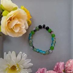 グリーン〜ブルー系ミックス＋ラメ＆クラックビーズブレスレット（16cm）／ハンドメイド・艶あり・クールデザイン