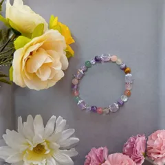 マルチカラー天然石風ビーズ＋シルバースペーサー ブレスレット（16cm）／ハンドメイド・艶あり・華やかデザイン