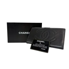 【人気・ヴィンテージ品】CHANEL シャネル デカココマーク キャビアスキン がま口 クリップ ロングウォレット 二つ折り 長財布 4番台 ブラック 黒色 ゴールド金具 金色 レザー 箱付き 1990年代前半 ビンテージ 美品