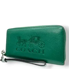 美品 コーチ COACH 長財布 アコーディオンジップ ラウンドファスナー C5889 レザー 本革 グリーン 緑 馬車ロゴ ホースアンドキャリッジ デボス加工 大容量 多機能 リストレットストラップ レディース メンズ ユニセックス M3