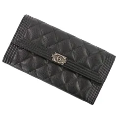 美品 CHANEL シャネル ボーイシャネル キャビアスキン 二つ折り長財布 ブラック レディース 古着 中古 USED