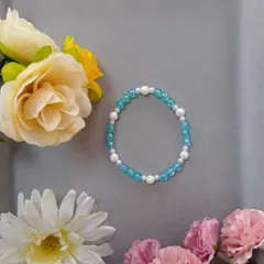 ブルー×ホワイト ビーズブレスレット（16cm）／ハンドメイド・艶あり・爽やかデザイン