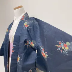 羽織　花束模様　花瓶模様　梅花　楓　竹　ネイビー　松裏地　着物　101t