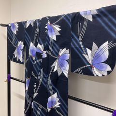 浴衣 洗える着物 花模様 鹿の子 紺地 身丈157 裄64.5 着物 052tz