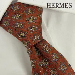 《訳アリ》HERMES (エルメス) シルクネクタイ フランス製 総柄 小紋 オレンジ