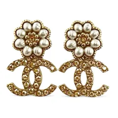 シャネル ピアス レディース アクセサリー フラワー ココマーク CHANEL GP  フェイクパール  ラインストーン  B22 ゴールド ホワイト 白 約9.2g 2022年【中古品】