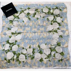 CHANEL シルク スカーフ ヴィンテージ カメリア柄 シフォン ライトブルー