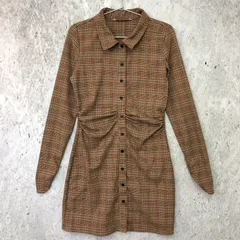 ZARA ザラ ウエストギャザー チェック シャツ ワンピース ベージュ オレンジ Mサイズ 〇◇