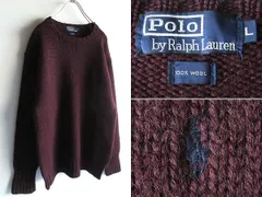 希少 90sビンテージ Polo by Ralph Lauren ラルフローレン ポロポニーロゴ刺繍 ウール ローゲージ ニット セーター L バーガンディ 正規品