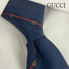 《美品》GUCCI (グッチ) シルクネクタイ イタリア製 総柄 インターロッキングGロゴ チェーンストライプ ホースビット ネイビー レッド ゴールド