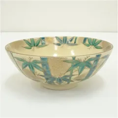京焼　覚人造　色絵竹平茶碗  茶道 抹茶 おしゃれ 抹茶茶碗 抹茶碗 和食器 レトロ 茶器 骨董 茶わん 茶会 茶の湯 夏 8月 夏