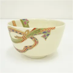 京焼　河合瑞豊造　金彩色絵結び熨斗茶碗  茶道 抹茶 おしゃれ 抹茶茶碗 抹茶碗 和食器 レトロ 茶器 骨董 茶わん 茶会 茶の湯 1月 冬