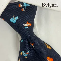 《未使用級》Bvlgari (ブルガリ) シルクネクタイ 総柄 Datırla Pizzigom アニマル 鳥 クマ オットセイ タグ付き ネイビー ブルー オレンジ イエロー ホワイト
