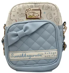 s855【美品】すみっコぐらし 合皮リボン付 縦型SD ブルー ショルダーバッグ キッズ 女の子 キャラクターバッグ 小物収納 おでかけ サンエックス 斜め掛け