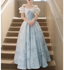 【新品?未使用】 カラードレス カクテルドレス ロングドレス 2way ブルー 花柄 オフショルダー パフスリーブ パーティードレス 発表会 演奏