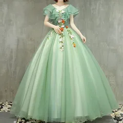 カラードレス 編み上げ グリーン 半袖 緑 ロングドレス 結婚式 二次会 発表会 演奏会 ウェディングドレス ウエディングドレス 花嫁 前撮り 