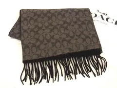 ■新品同様■ COACH コーチ シグネチャー ウール×カシミヤ フリンジ マフラー ストール ショール メンズ グレー系 FU5405