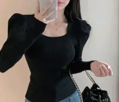 パフ長袖ニット ブラック スクエアネックニット 新品