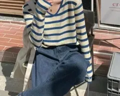 Vネック ストライプ 長袖 Tシャツ 新品