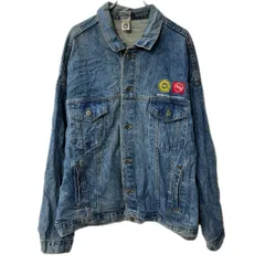 USA製 デニムジャケット 2XL インディゴブルー コットン プリント ロゴ刺繍 ボタン 胸ポケット アウター 春物 a801-5905