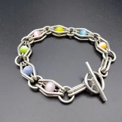 キャツアイ ビーズ 挟み チェーン リンク 925 シルバー ビンテージ ブレスレット 銀細工 24g マルチカラー 色とりどり R8-F