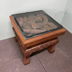 ♭ サイドテーブル アジア民芸家具  ローテーブル ガラス センターテーブル 花台 飾り台 彫刻 A