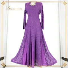 社交ダンス 衣装 スタンダード ドレス ワンピース レッスンウェア パーティドレス オールシーズン 紫 レース ラインストーン パープル系 長袖 エレガント スタイリッシュ 華やか シック 大人の女性 薄手 着心地良い 練習用 ドレスアップ デザイン