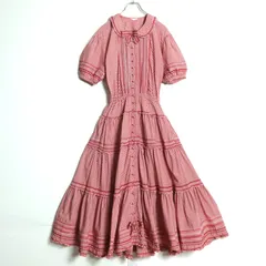 ピンクハウス★ギンガムチェックの半袖ワンピース 赤系 前開き リボン&フリル♪薄手 z17144