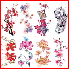 Yesallwas タトゥーシール 花 薔薇 フラワー 8枚セット ラメイ 蝶 ピーチ 蓮の花 入れ墨シール ローズ タトゥーステッカー ボディーシール 子供 レディース 刺青シール 長持ち 防水 flower tattoos 9x19CM