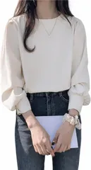 Arimelune ブラウス レディース シフォン トップス カットソー クルーネック 長袖 パフスリーブ おしゃれ きれいめ 可愛い オフィス 通勤 襟なし 丸首 フォーマル カジュアル ウィメンズ 婦人 服 シンプル 定番 (ホワイト,  L)