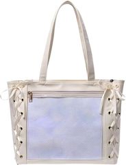 JUSTVEL 痛バッグ 推し活バッグ A4 いたバック レースアップ リボン 大容量 トートバッグ 缶バッジ 収納 (ホワイト)