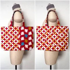 赤い和柄のバッグ　花柄と鳥柄　リバーシブルバッグ　トートバッグ　大きめバッグ