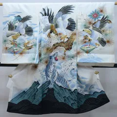 お宮参り 産着 男児 正絹 のしめ 綸子 豪華絢爛 金刺繍 鷹 虎 白地 一つ身 NO33636