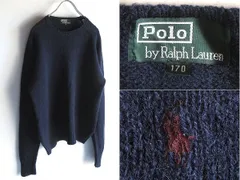 希少 80sビンテージ Polo by Ralph Lauren ラルフローレン ポロポニーロゴ刺繍 ウール ニット セーター メンズM程度 170 ネイビー 緑タグ